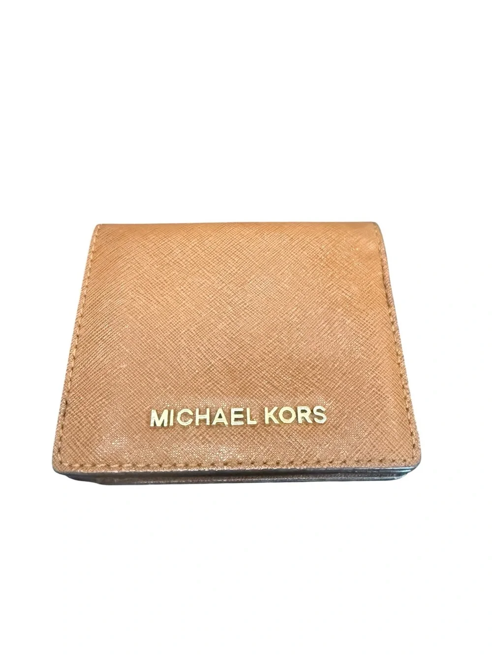 Michael Kors Brown/Tan Saffiano Leather Card Case with Gold Logo